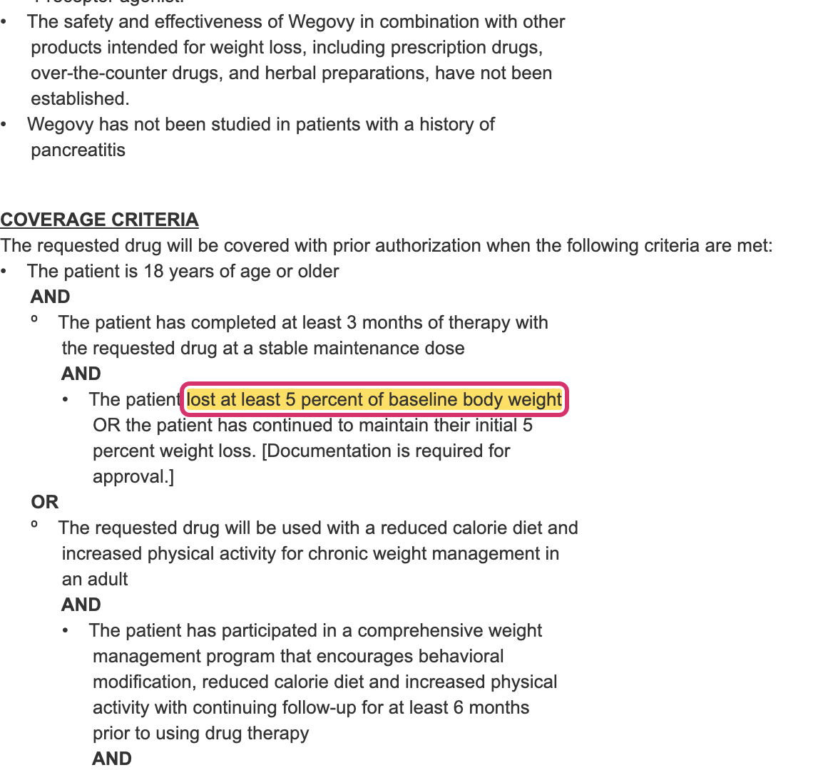 Aetna Wegovy prior authorization renewal criteria requiring five percent baseline weight loss at three months with documentation