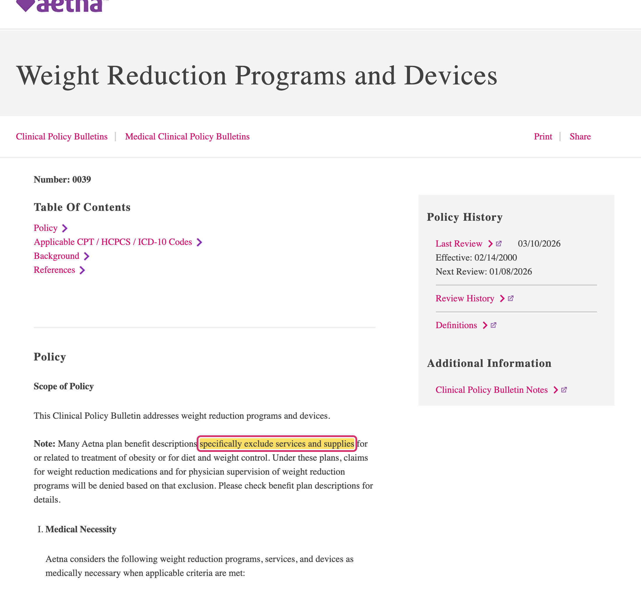 Aetna Clinical Policy Bulletin 0039 stating many plan benefit descriptions specifically exclude services and supplies related to obesity treatment