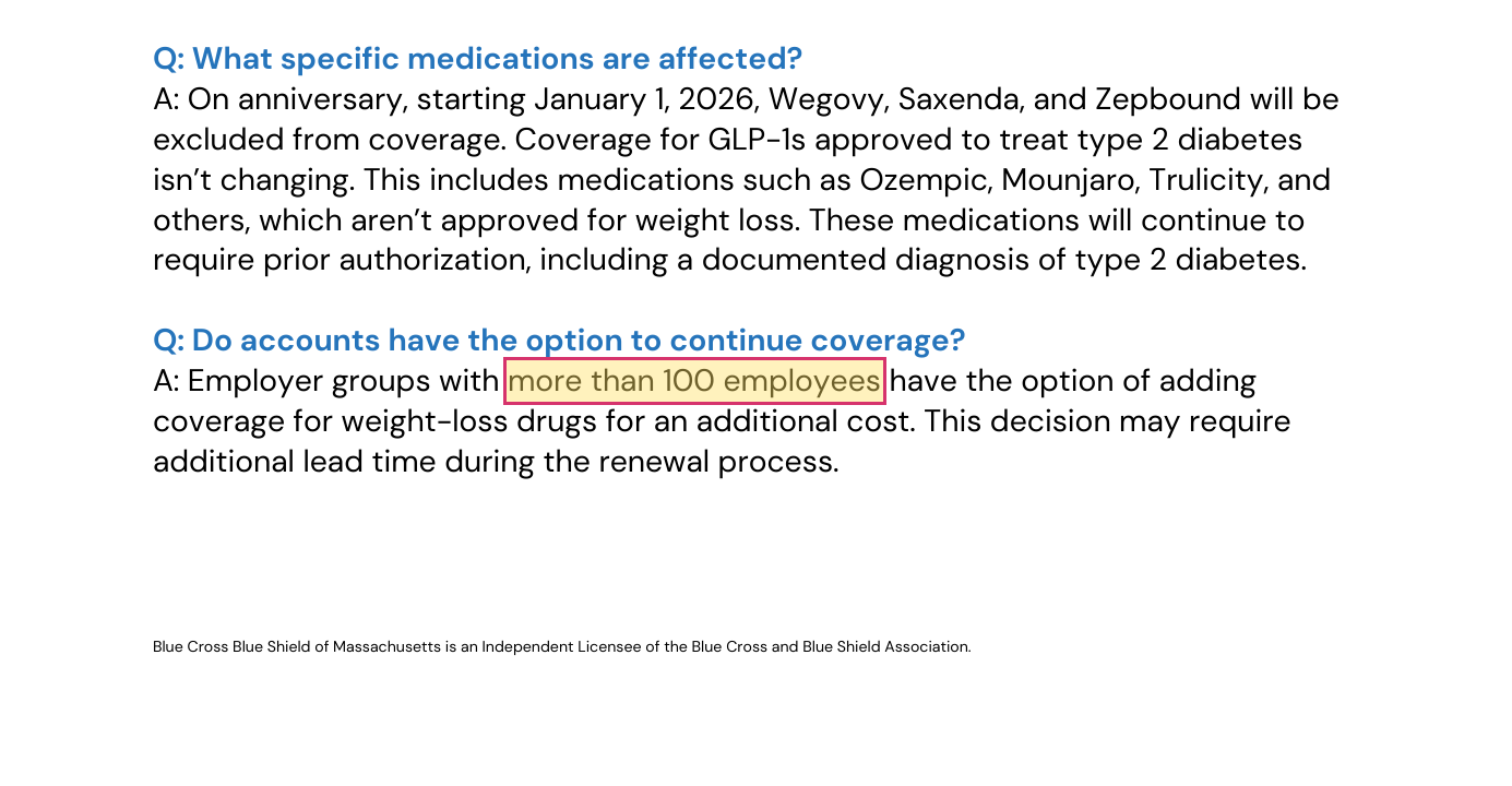 Blue Cross Blue Shield of Massachusetts FAQ stating employer groups with more than 100 employees can add weight-loss drug coverage for an additional cost