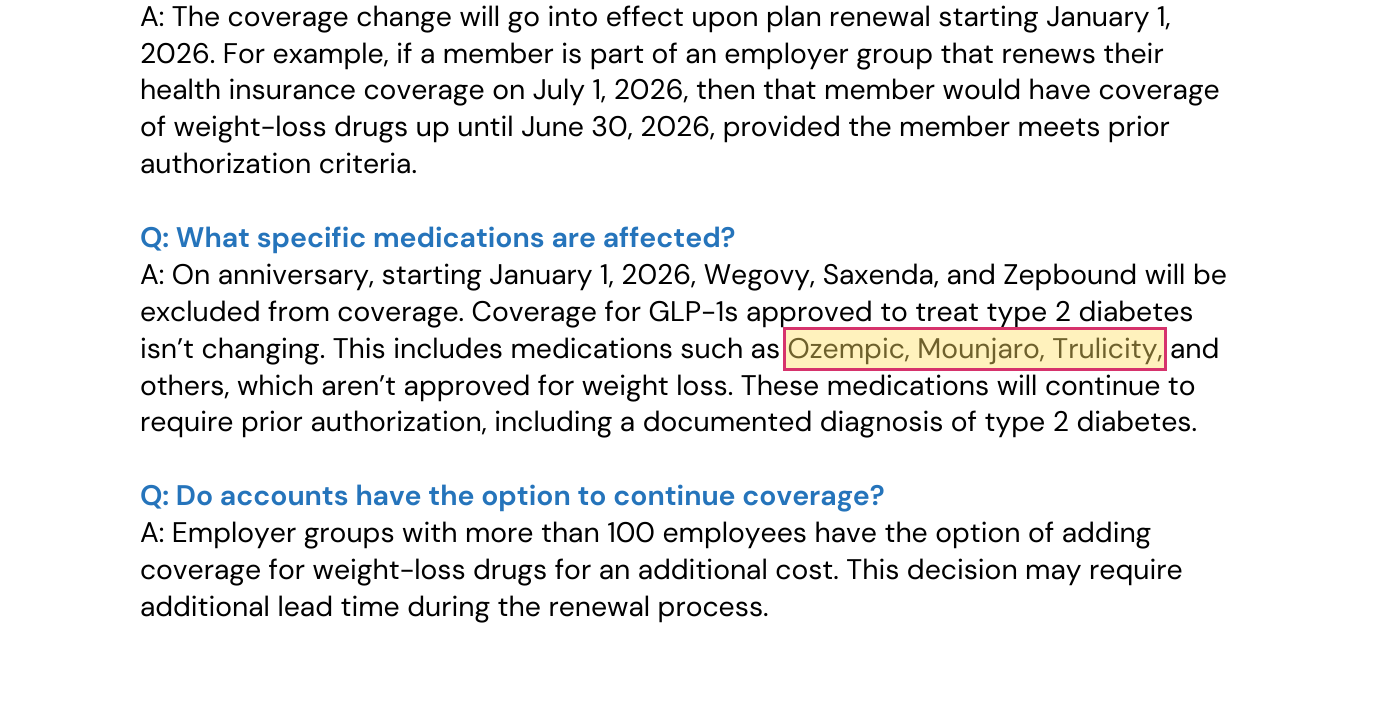 Blue Cross Blue Shield of Massachusetts FAQ stating coverage for diabetes GLP-1s including Ozempic, Mounjaro and Trulicity is not changing