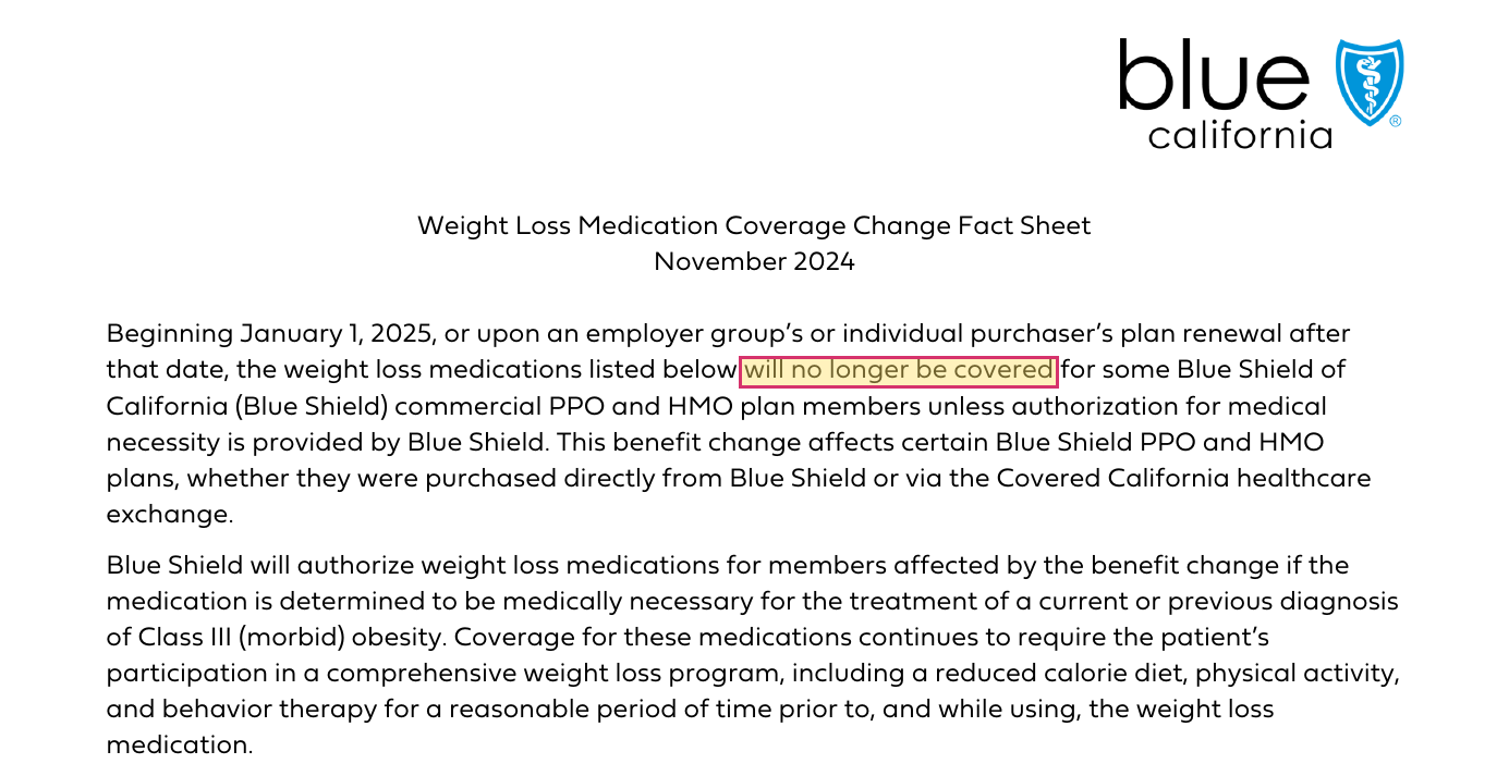 Blue Shield of California fact sheet stating weight loss medications will no longer be covered for some commercial PPO and HMO members from January 1, 2025