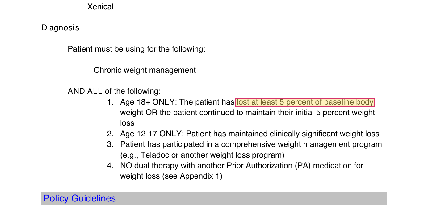 FEP renewal criteria requiring five percent baseline weight loss or maintenance of that loss