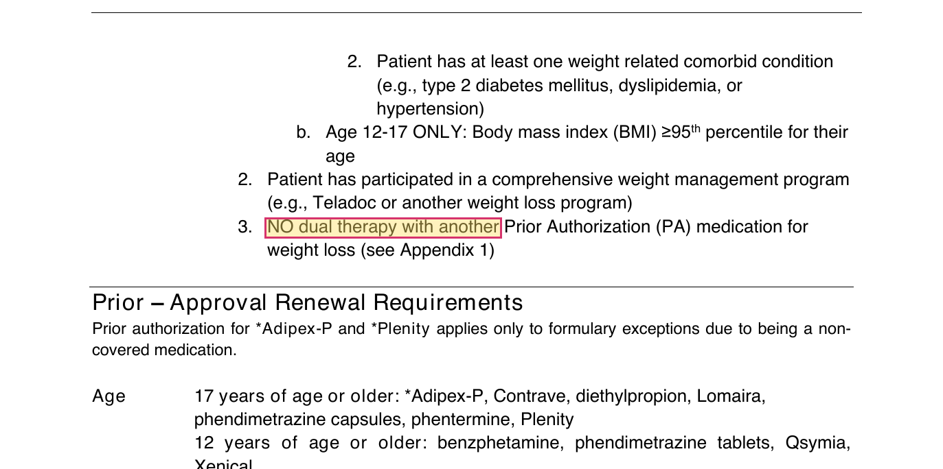 FEP policy 5.99.027 stating no dual therapy with another prior authorization weight loss medication