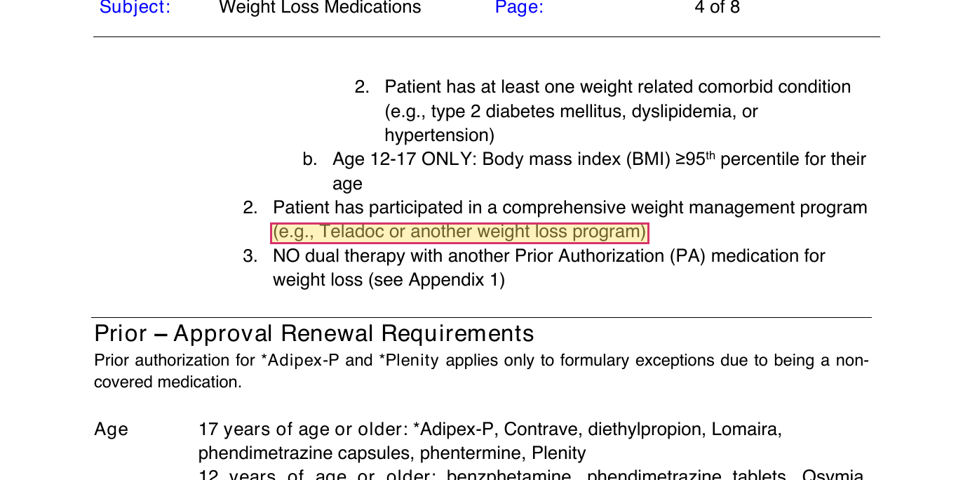 FEP policy 5.99.027 requiring participation in a comprehensive weight management program such as Teladoc