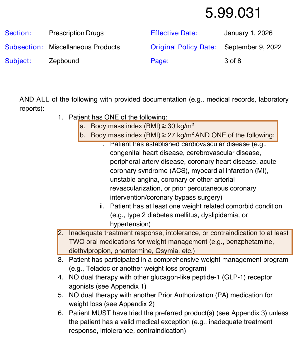 FEP policy 5.99.031 Zepbound criteria with the BMI thresholds and the two-oral-medication step therapy requirement highlighted