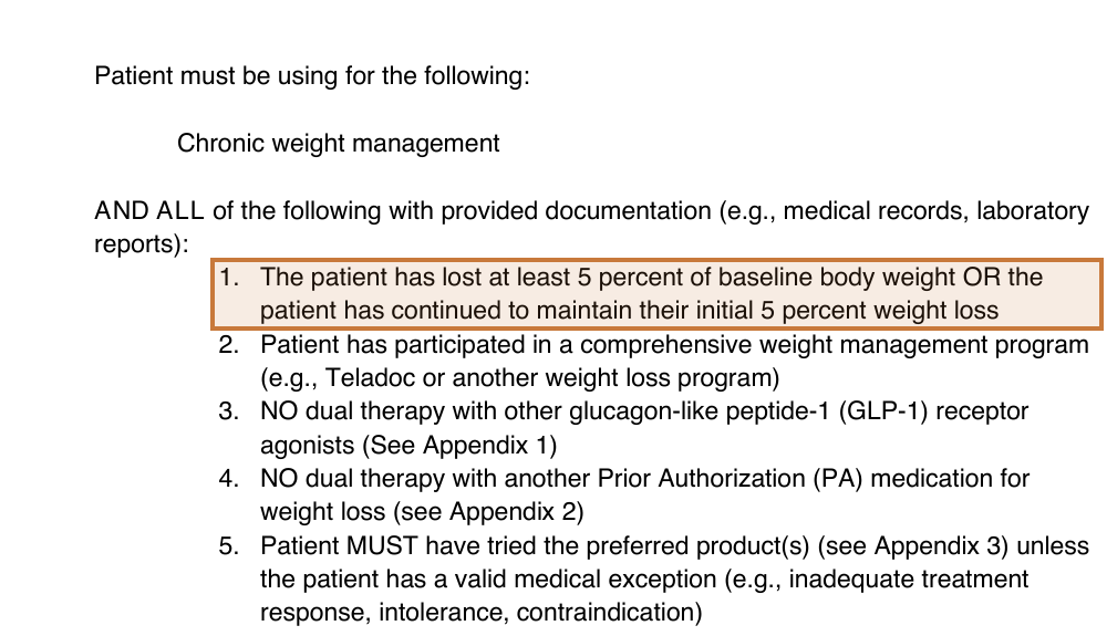 FEP policy 5.99.031 renewal requirements with the 5 percent weight loss criterion highlighted