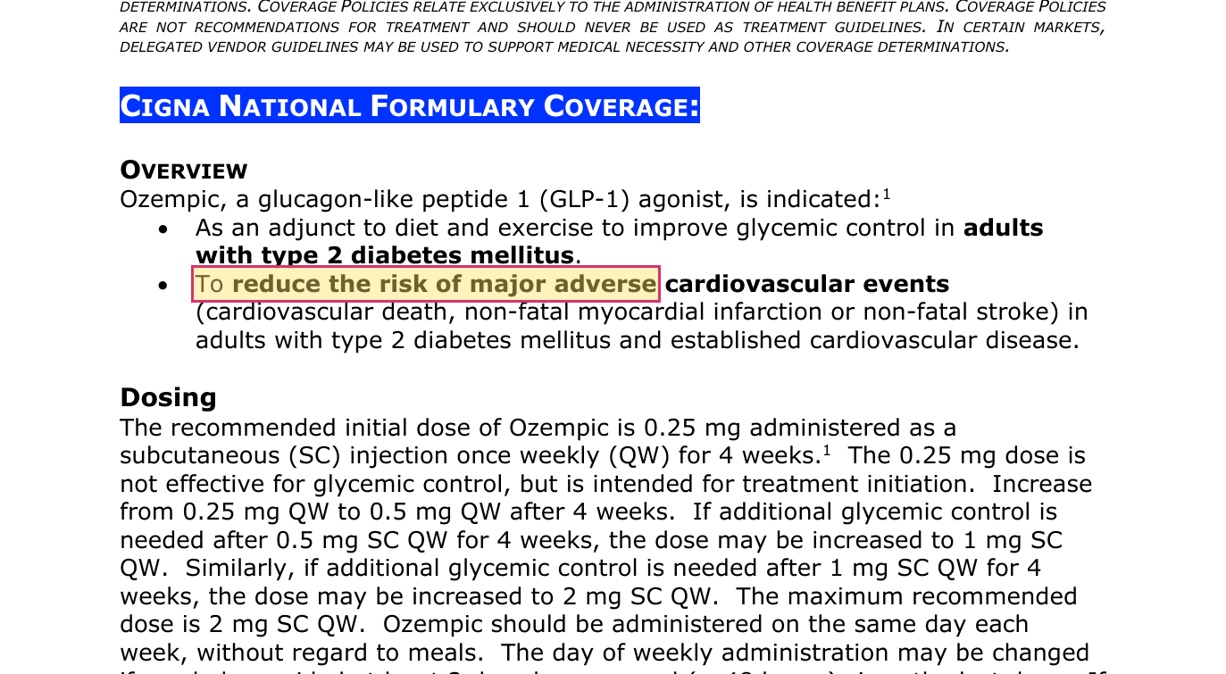 Cigna policy cnf_872 listing Ozempic indications for glycemic control and cardiovascular risk reduction in adults with type 2 diabetes