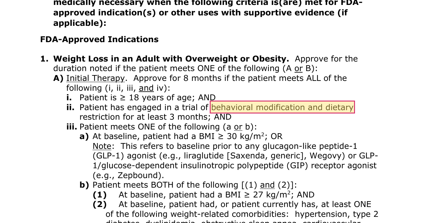 Cigna policy cnf_684 Wegovy initial therapy criteria requiring a three month trial of behavioral modification and dietary restriction