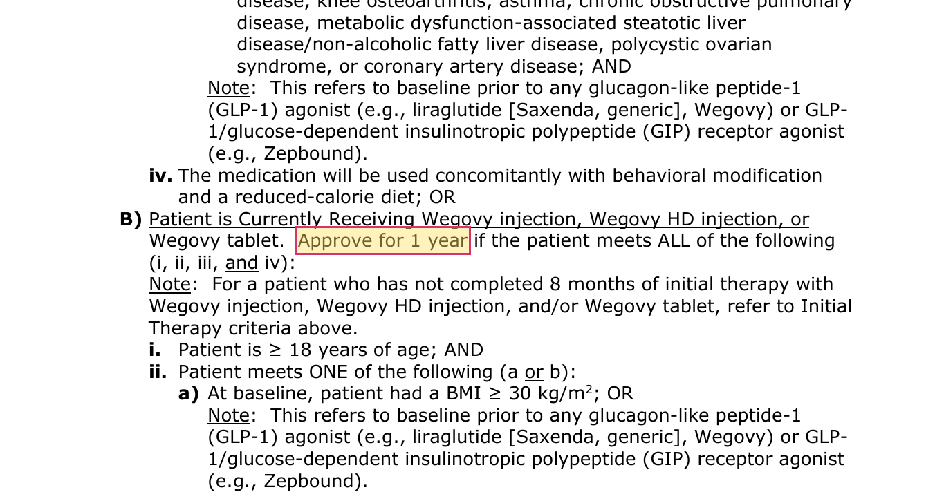 Cigna cnf_684 continuation criteria approving Wegovy for one year for patients currently receiving it