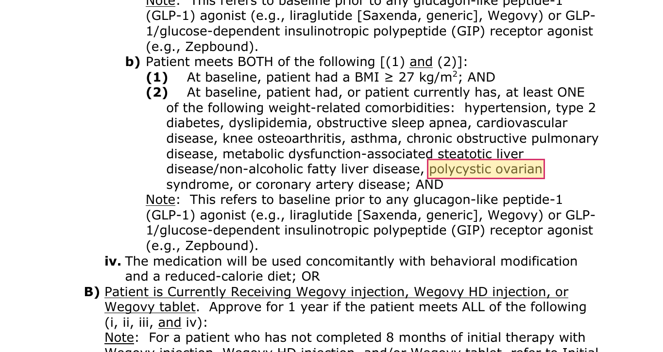Cigna cnf_684 list of eleven weight-related comorbidities accepted at BMI 27 including obstructive sleep apnea and polycystic ovarian syndrome