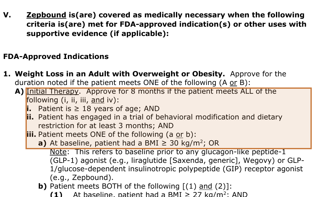 Cigna policy cnf_684 Zepbound section with the initial therapy criteria highlighted: 8-month approval, age 18, 3-month behavioral trial, BMI 30 or higher