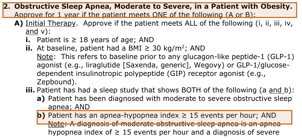 Cigna policy cnf_684 obstructive sleep apnea section highlighted: 1-year approval, BMI 30 or higher, apnea-hypopnea index 15 or more
