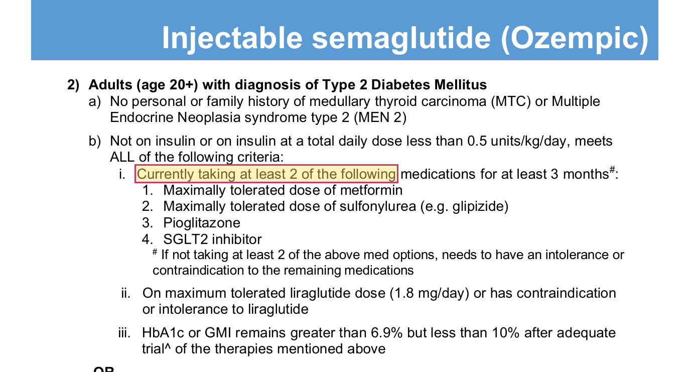 Kaiser Ozempic criteria requiring at least two of metformin, sulfonylurea, pioglitazone or an SGLT-2 inhibitor for at least three months plus maximum tolerated liraglutide