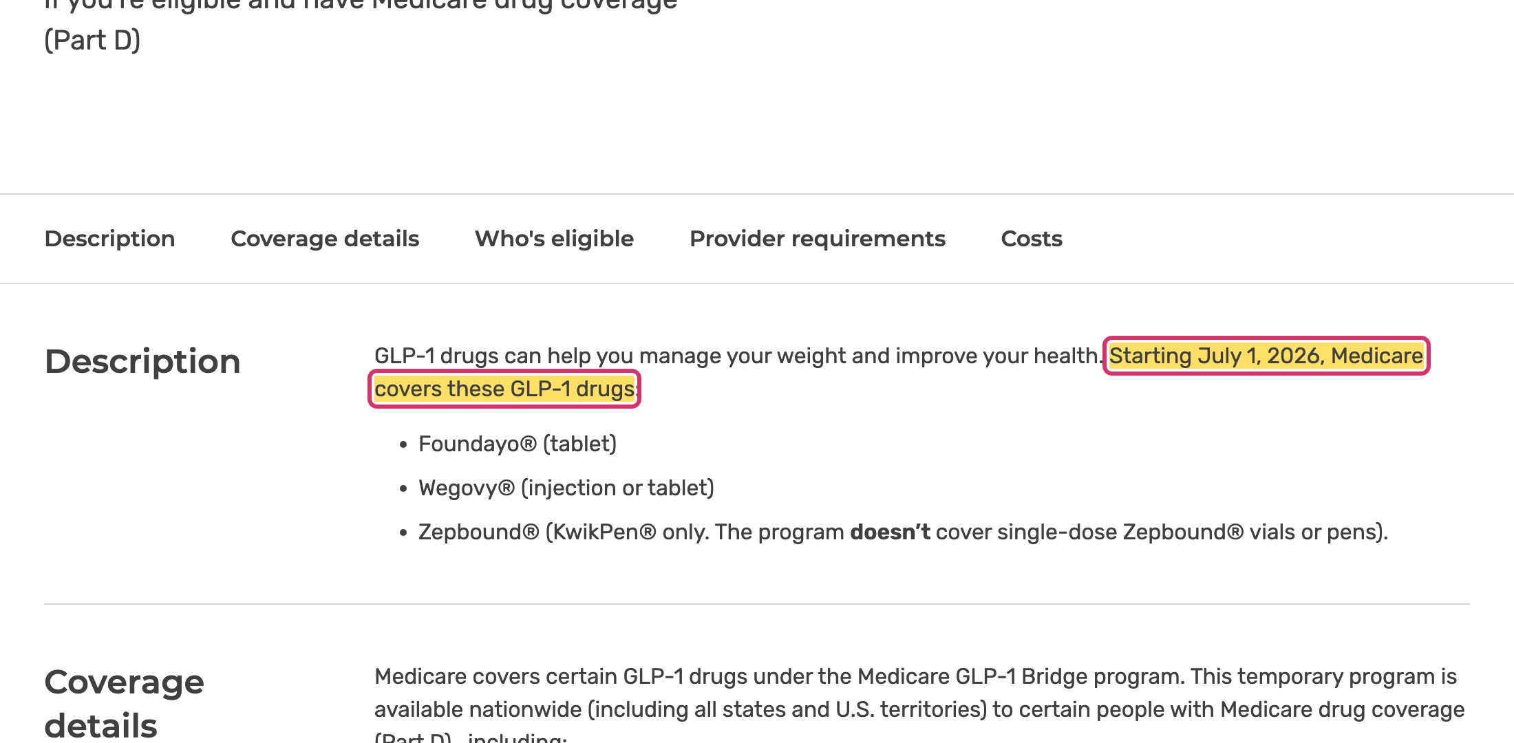 Medicare.gov list of GLP-1 drugs covered from July 1 2026 showing Foundayo, Wegovy and Zepbound KwikPen but not Ozempic