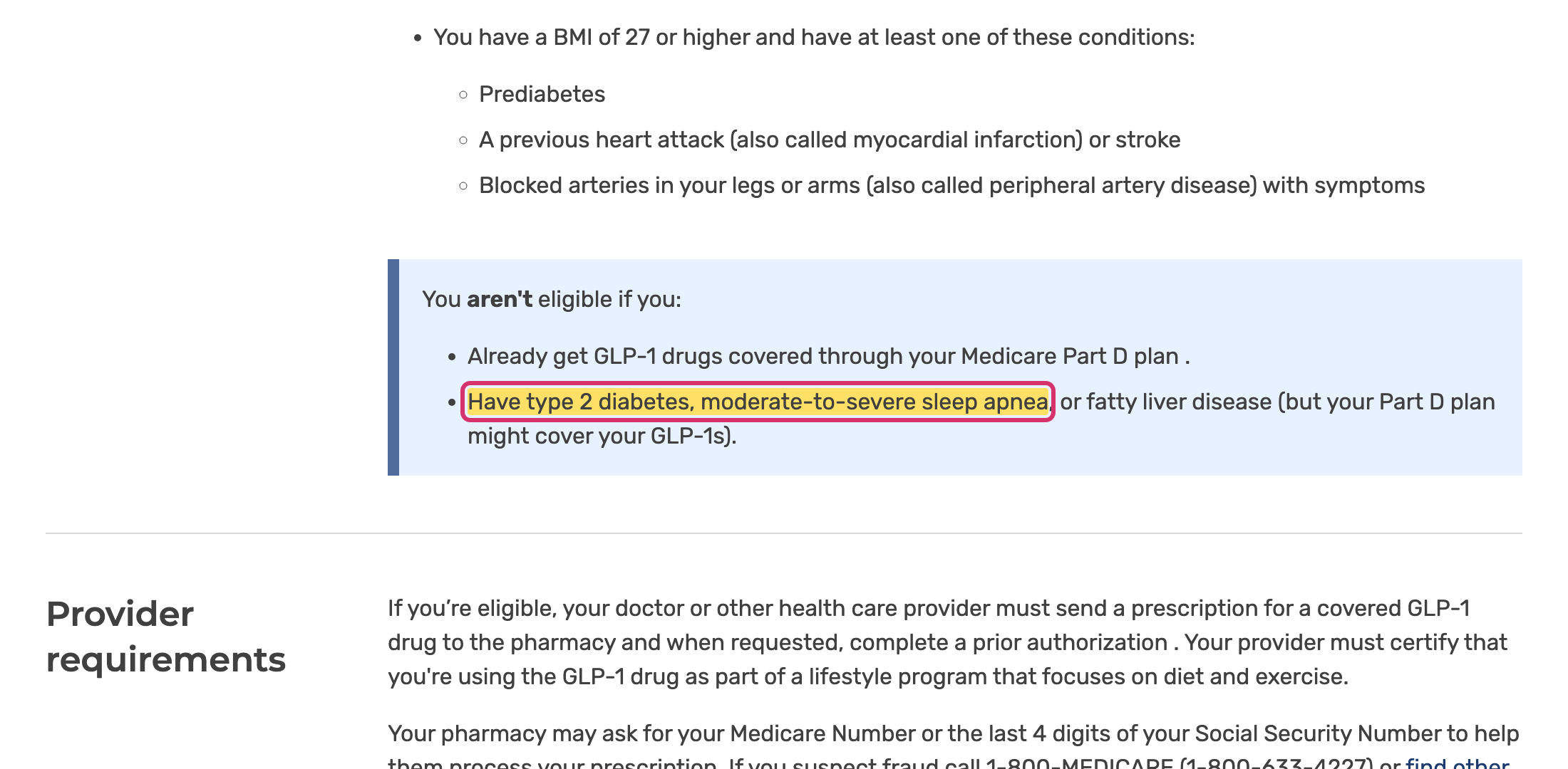 Medicare GLP-1 Bridge exclusions stating type 2 diabetes, moderate-to-severe sleep apnea and fatty liver disease make you ineligible