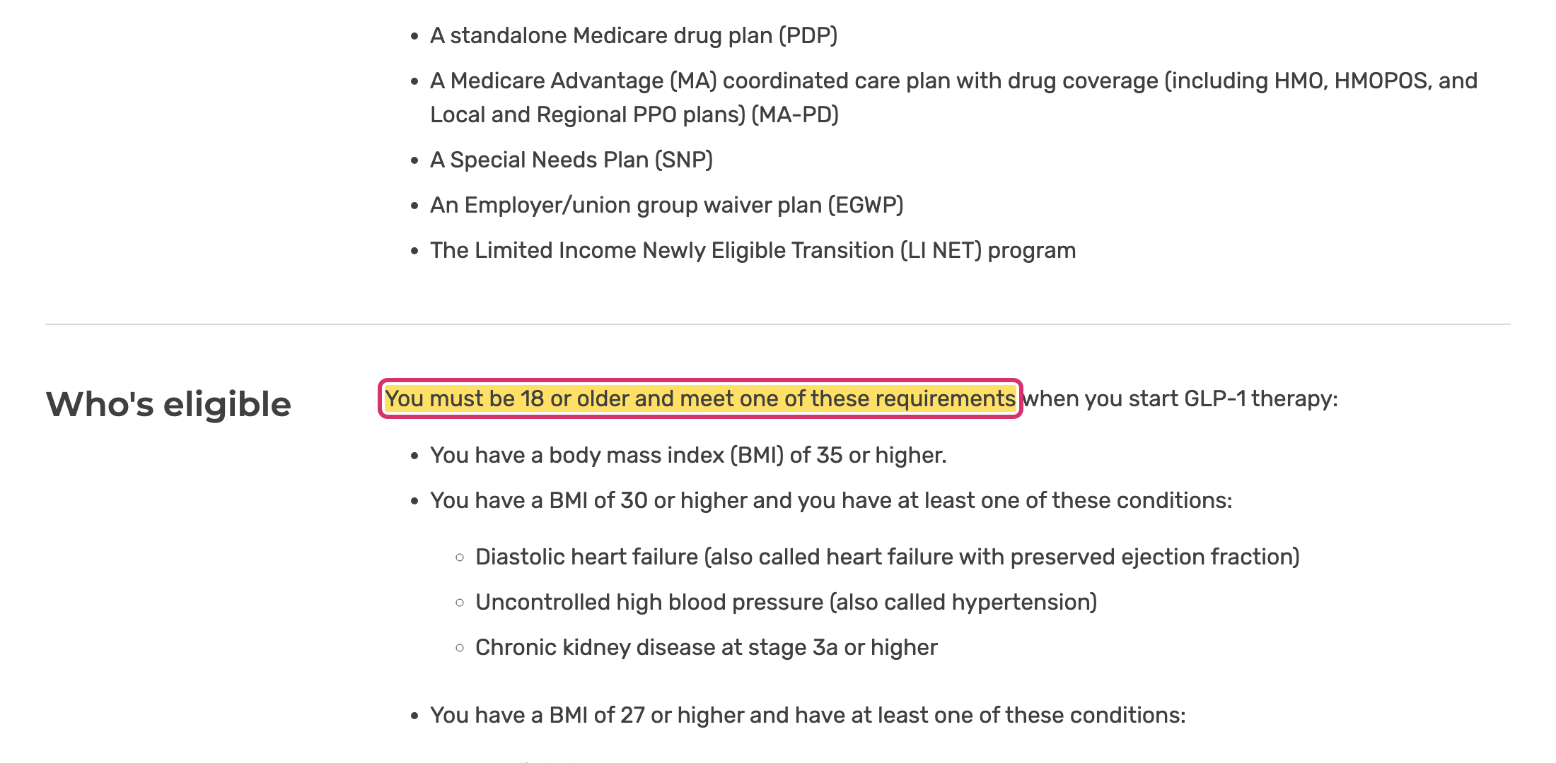 Medicare GLP-1 Bridge BMI eligibility tiers of 35, 30 with conditions, and 27 with conditions