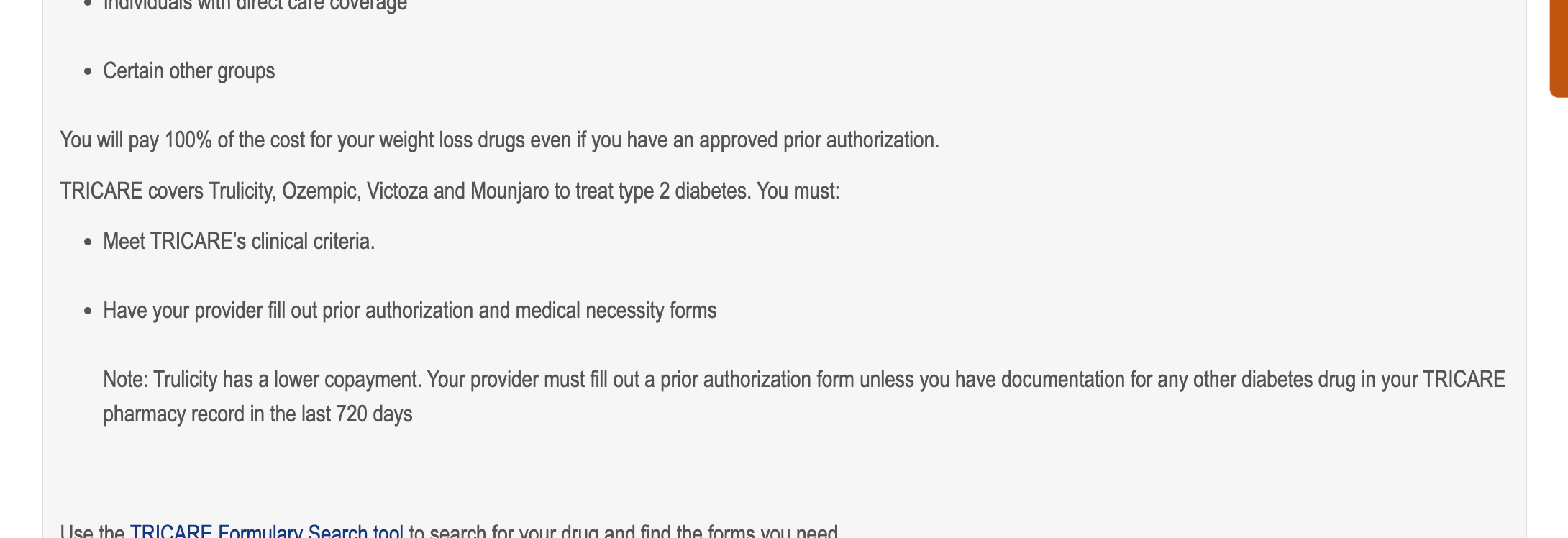 TRICARE FAQ noting a prior authorization form is not required if another diabetes drug appears in the TRICARE pharmacy record within the last 720 days