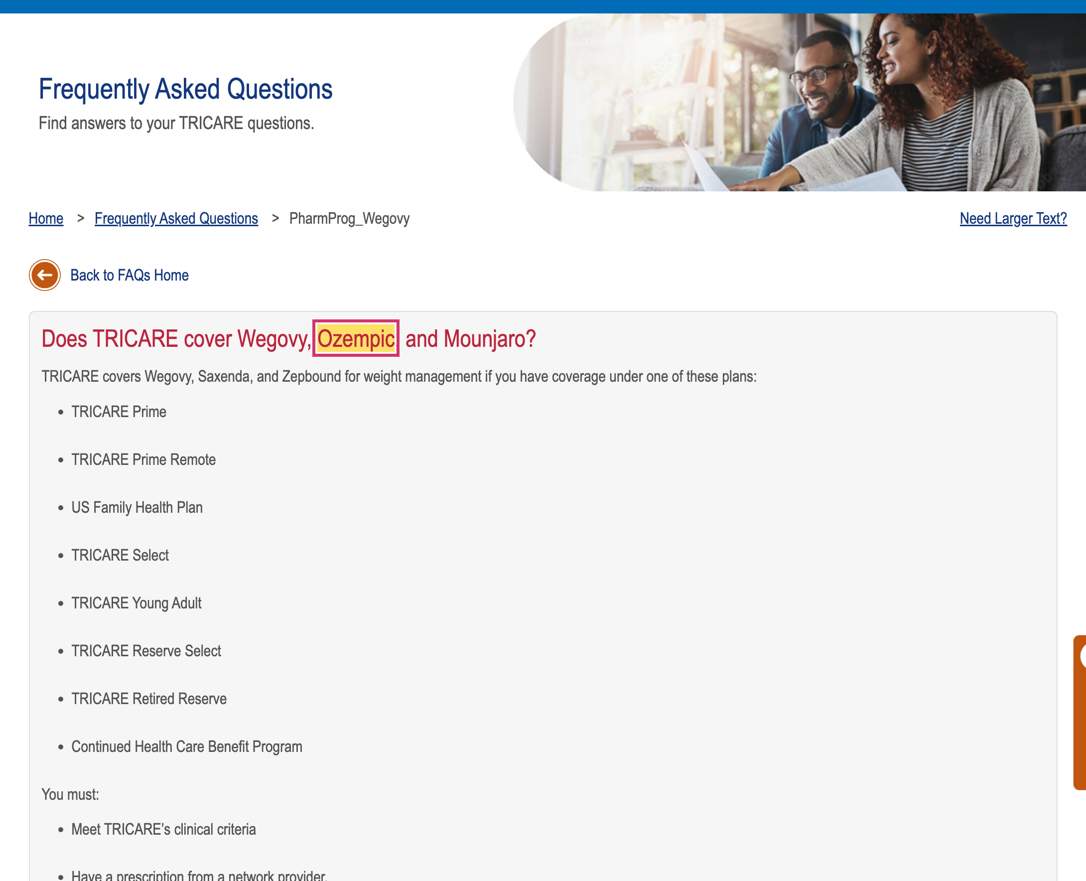 TRICARE official FAQ listing eight plans with weight management drug coverage including Prime Remote, US Family Health Plan, Young Adult and Reserve Select