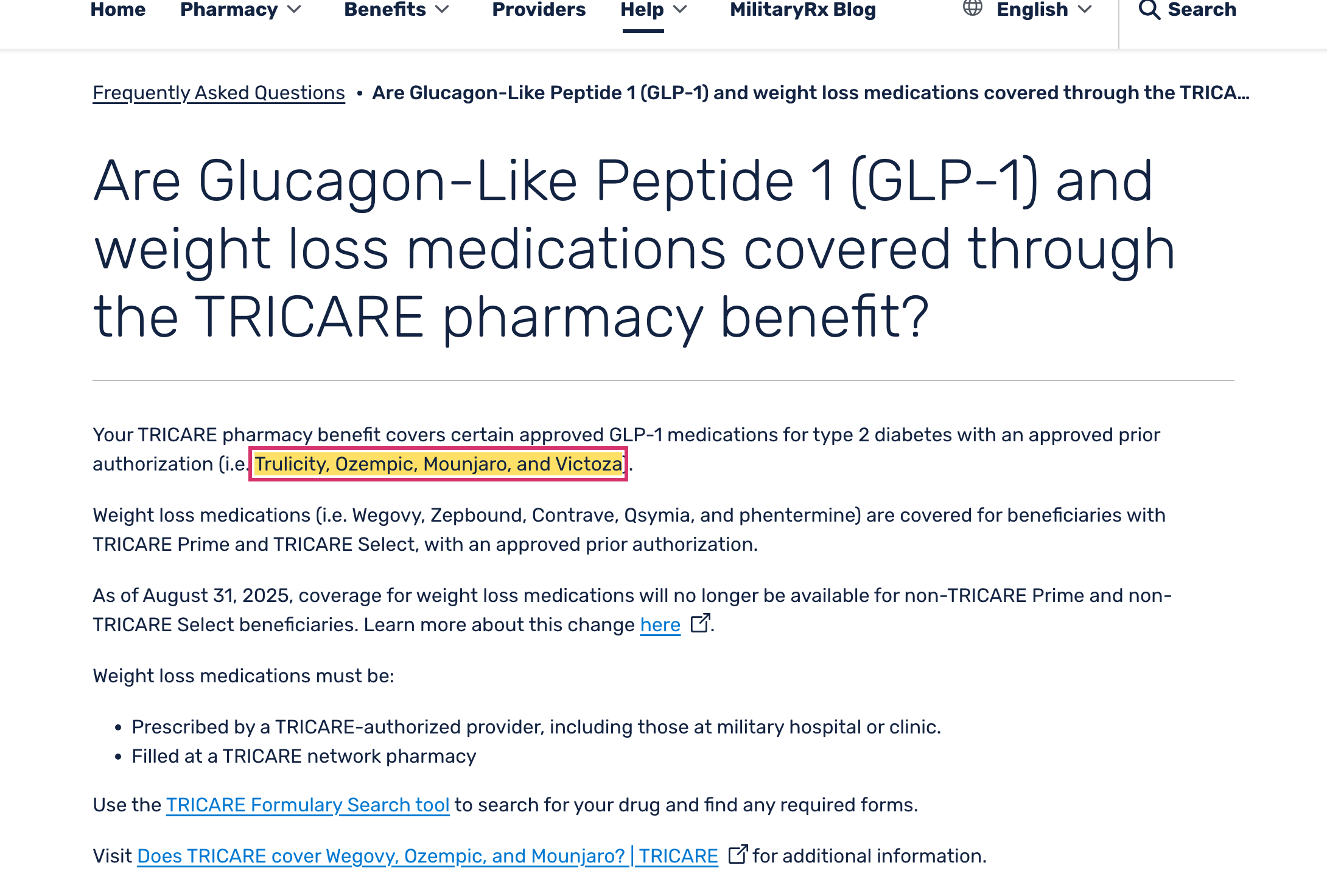 Express Scripts TRICARE FAQ stating the pharmacy benefit covers Trulicity, Ozempic, Mounjaro and Victoza for type 2 diabetes with prior authorization