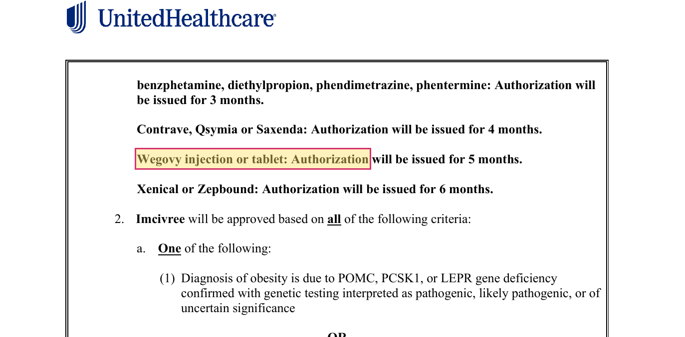 UnitedHealthcare authorization durations showing Wegovy injection or tablet issued for five months