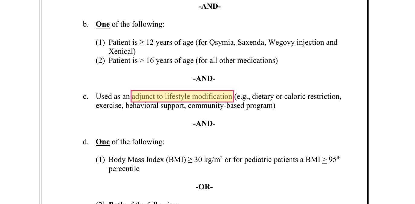 UnitedHealthcare Wegovy criteria requiring use as an adjunct to lifestyle modification with no minimum duration