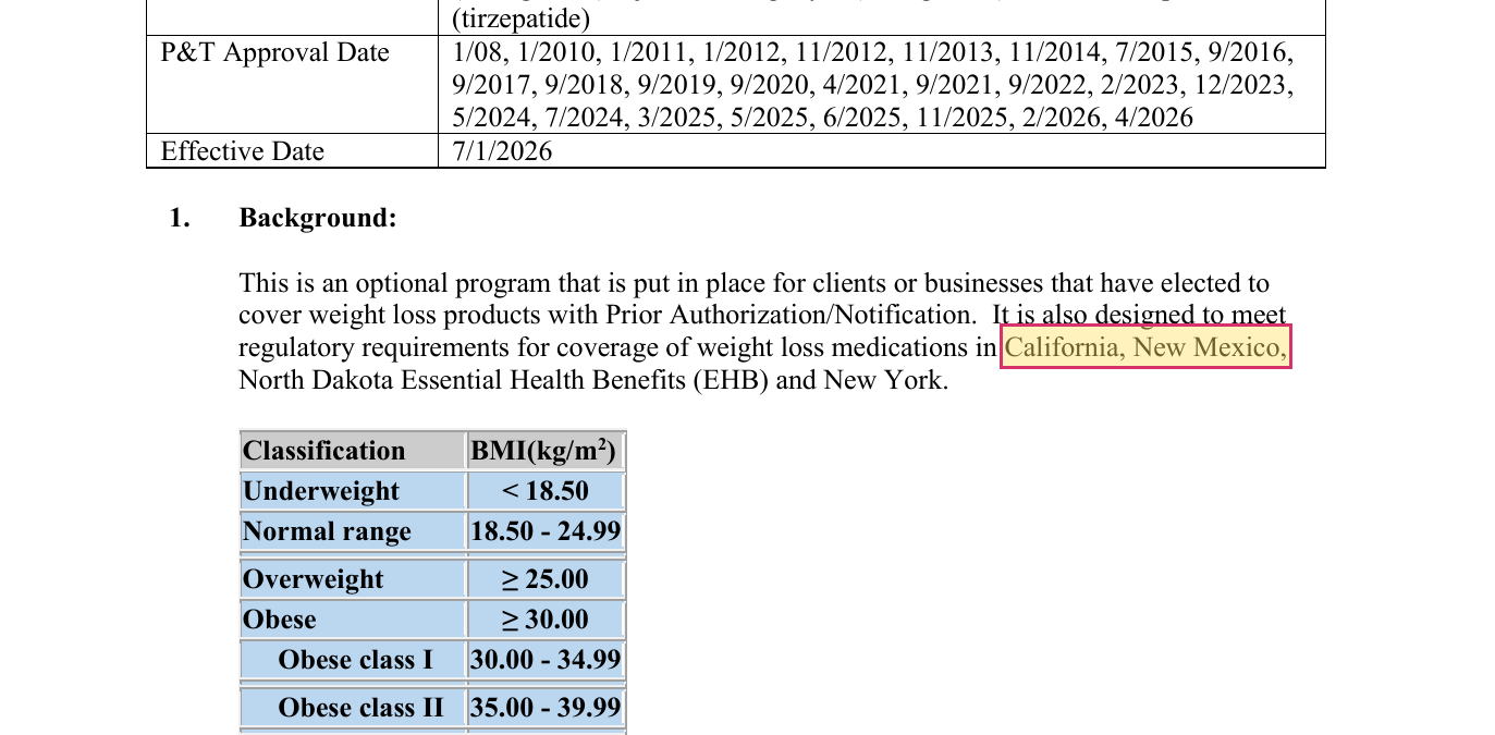 UnitedHealthcare weight loss prior authorization policy stating it is designed to meet regulatory requirements in California, New Mexico, North Dakota EHB and New York