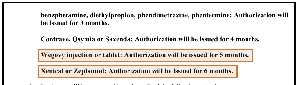 UnitedHealthcare authorization durations highlighted: Wegovy 5 months, Xenical or Zepbound 6 months