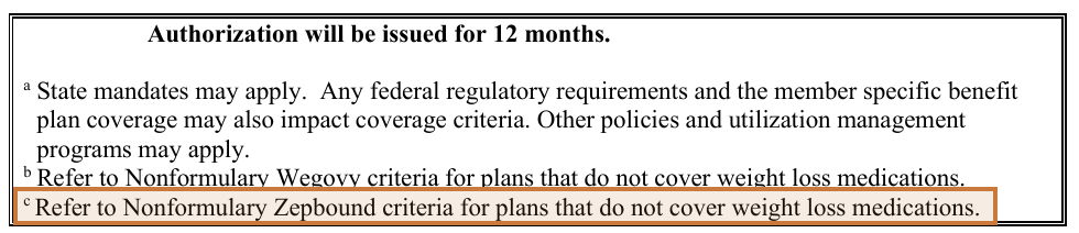 UnitedHealthcare policy footnote highlighted: refer to Nonformulary Zepbound criteria for plans that do not cover weight loss medications
