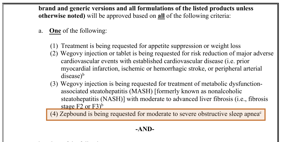 UnitedHealthcare 2026 weight-loss prior authorization policy indication list with the Zepbound obstructive sleep apnea line highlighted